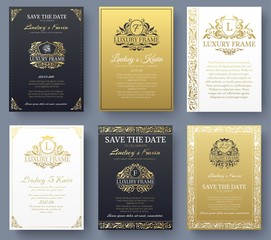 Set of gold luxury flyer pages set with logo ornament illustration concept. Vintage art identity, card, trendy, floral, invitation elements. Vector decorative retro greeting card or invitation design
