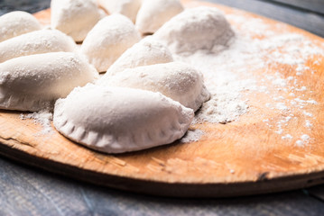 Raw dumplings sprinkled with flour on a kitchen board