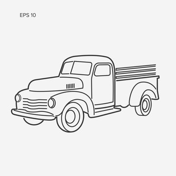 Old Retro Farmer Pickup Truck Line Art Vector Illustration Icon.