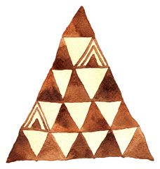 Brown Pyramid Made of Triangles. Watercolor Raster Illustration.