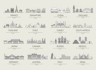 Country thin line icons travel vacation guide places and features. Big set of architecture landscape background concept. Outline template design for web, Infographic and mobile on flat style