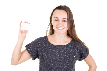 Obraz premium Woman young pretty smiling with blank business card
