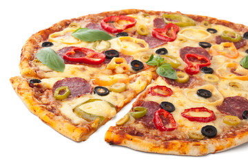 sliced pepperoni and vegetable  pizza isolated on white