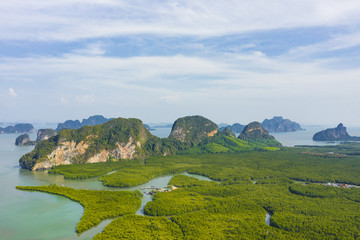 View from above, aerial view of the beautiful Phang Nga Bay (Ao Phang Nga National Park) with the...