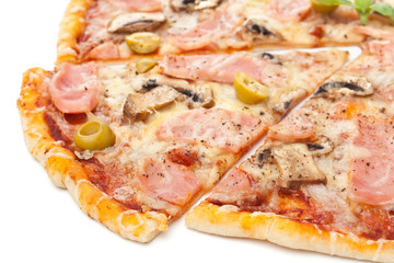 sliced ham and mushrooms pizza isolated on white