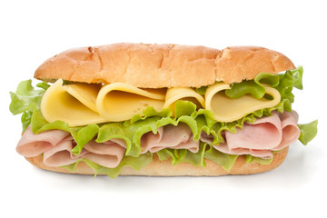 tasty ham, cheese and lettuce sub sandwich isolated on white