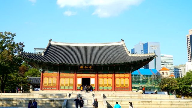 Timelapse of Junghwajeon, the main hall of Deoksugung Palace in Seoul, South Korea