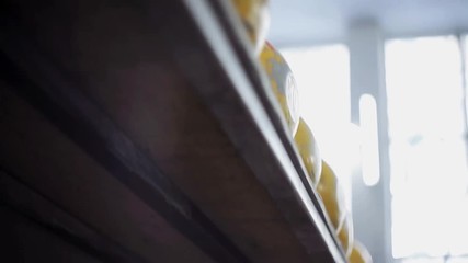 lot of kettlebell of different weight for training in the club of kettlebell lifting.