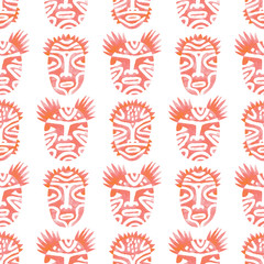 Seamless Pattern with Pink Tribal Faces. Watercolor. Raster.