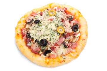 ham, bacon, mushrooms and olives mini pizza isolated on white