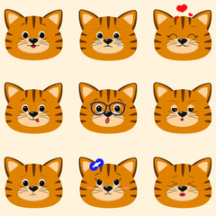 Set of cute redhead cat face with different emotions in cartoon style.