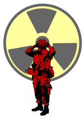 Soldier in protective clothes and radiation hazard sign on a white background