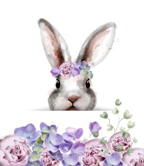 Bunny rabbit with flowers Vector watercolor. Cute spring card. Easter holiday greetings