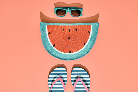 Fashion Summer Accessories Beach coral Set. Glamor Watermelon Clutch, Stylish Sunglasses, Trendy Flip Flops. Sweet Bright color. Creative Fun. Minimal, Art. Just feel this summertime