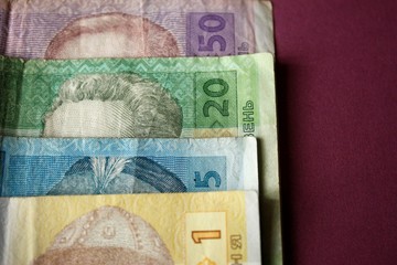 Ukrainian money, hryvnias and kopeks, close-up, 20,50,5,1 hryvnia