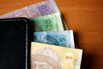 Ukrainian money, hryvnias and kopeks, close-up, 20,50,5,1 hryvnia