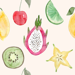 Seamless pattern. Watercolor fruits. Pitaya, kiwi, cherry, lemon, lime, carambola. Hand drawn summer illustration. Design for fabric, packaging, textile, cover, postcard, paper, stationery, wrapping