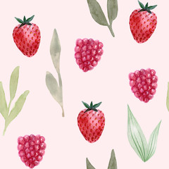 Seamless pattern. Watercolor strawberry and raspberry, leaves. Hand drawn summer illustration. Design for fabric, packaging, textile, cover, paper, stationery, scrapbooking, wrapping, clothes