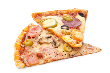 two slices of thin meat and vegetables  pizza 