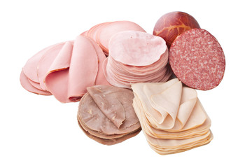 big group of thinly sliced meat on white background - Powered by Adobe