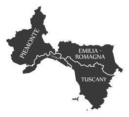 Piemonte - Liguria - Emilia - Romagna - Tuscany region map Italy