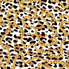 Vector Realistic isolated golden beads necklace and Leopard seamless pattern. Animal print. Vector background.animal skin, tiger stripes, abstract pattern, Gold pearls seamless.