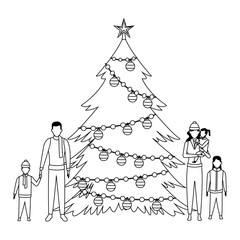 family with christmas tree black and white