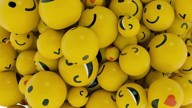Crazy Fun Animated Transition Smiley Face Icon Explosion With Alpha Matte. Dynamic Video Footage of Happy and Joyful Person and Filling Screen Yellow Balls. Super colored laughing virtual spheres