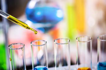 Lab glassware containing chemical liquid in laboratory