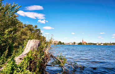 View over the tree trunk at Schweriner See with castle and cathedral in the background.