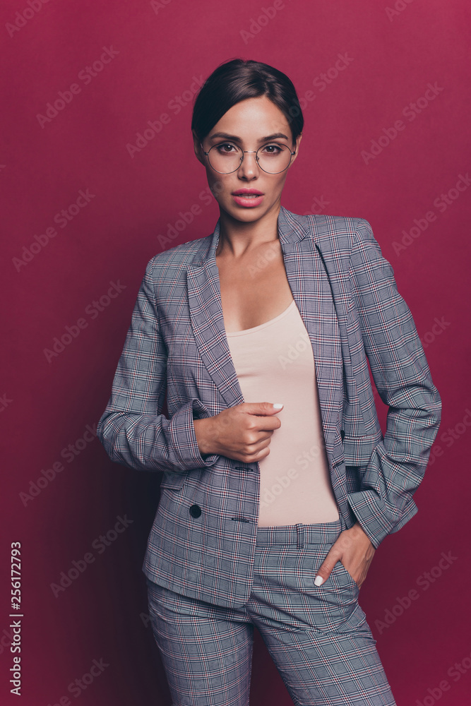 Canvas Prints Vertical portrait of her she nice cute attractive lovely lovable sweet magnificent classy lady ceo boss chief wearing gray checkered suit isolated over maroon burgundy marsala background