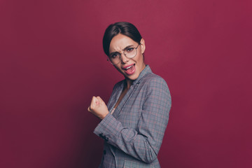 Portrait of her she nice cute attractive lovely winsome cheerful classy smart clever lady wearing gray checkered blazer great good news attainment isolated over maroon burgundy marsala background