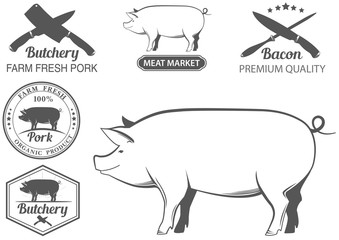 Set of vector labels of pork, meat stores, packages and advertising. And pig silhouettes
