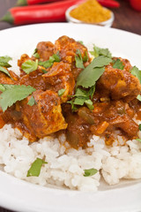 Chicken Curry with basmati rice and coriander leaves on a plate