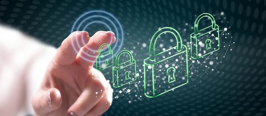 Woman touching a network security concept