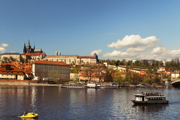 Obraz na płótnie Canvas Panoramic view of Old Town and river Vltava. Czech Republic.Sunny morning.