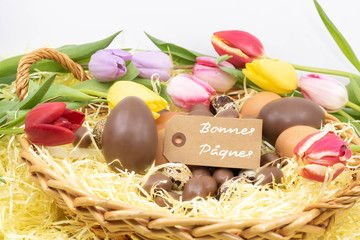 Joyeuses Pâques écrit en français sur une étiquette entourée de tulipes pastel et différents...