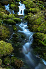 Waterfall, river with moss on rocks, long exposure