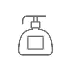Liquid soap dispenser, cosmetic plastic bottle line icon.