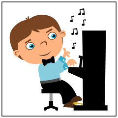 Funny boy in cartoon style playing piano isolated on white background.