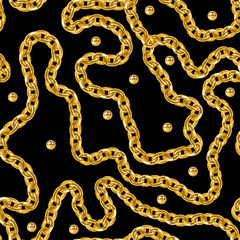 Baroque golden chain and golden beads background.Seamless pattern. seamless pattern with chains. Vector patch for print, fabric,