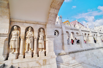 Statues of Arpad dynasty kings in fishermans bastion at budapest castle Arch Gallery, view on Old...