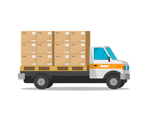 Delivery truck isolated with parcel cargo boxes vector illustration, flat cartoon freight van or courier lorry automobile with heavy load packages clipart