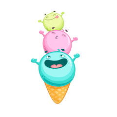 Ice cream ball cartoon characters in waffle cones. Cute vector illustration isolated on white background.