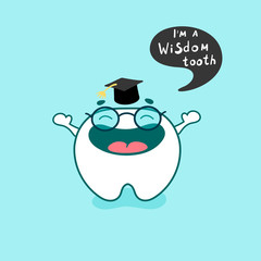 Tooth cute happy character with toothpaste and leaves of mint. Vector illustration in cartoon style.