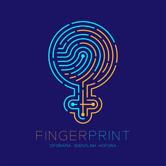 Women sign pictogram pattern Fingerprint scan logo icon dash line, female gender concept, Editable stroke illustration blue and orange isolated on blue background with Fingerprint text, vector