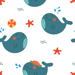 Seamless pattern with cute cartoon whales enjoying summer. One blue whale plays ball with another, the third one in the hat. Lovely childish vector texture for fabric, textille, backgrounds and cards.
