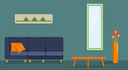 Interior of the living room. Design of a cozy room with sofa, coffee table and decor accessories