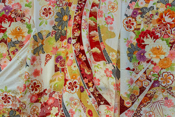 Detail array of colourful Japanese kimonos