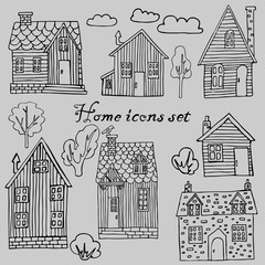 collection of houses, trees, bushes, clouds, vector images